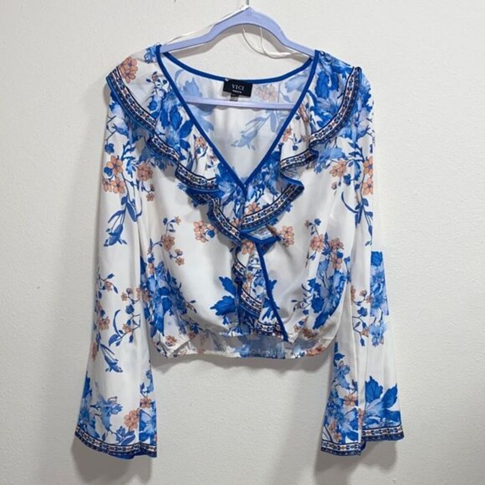 Vici White Floral Ruffle Tie-Front Blouse with Blue & Peach Accents - Picture 3 of 11